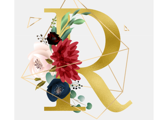 Alphabet R Floral Wreath Golden Foil