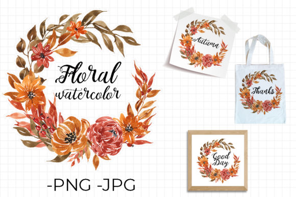 Floral Wreath Autumn Falls Watercolor 3 & Crafts