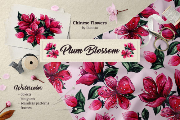Plum Blossom Chinese Watercolor Flowers and Patterns