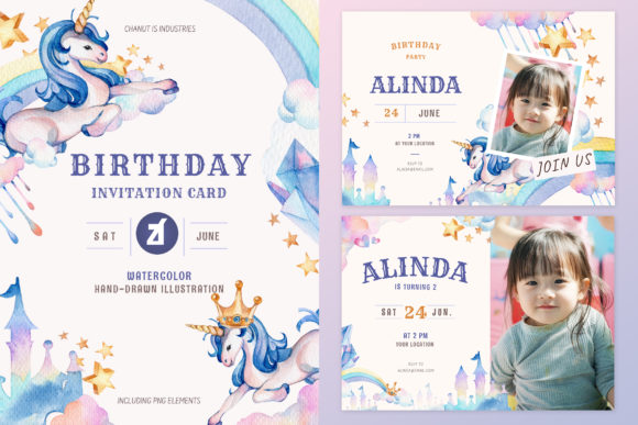 Unicorn Theme Birthday Invitation Card and Print Templates