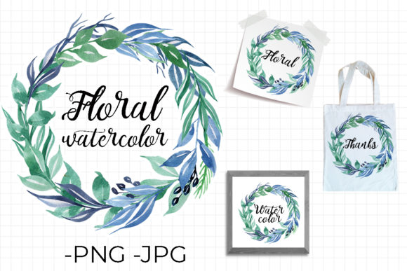 Watercolor Floral Blue Wreath Bouquet Crafts