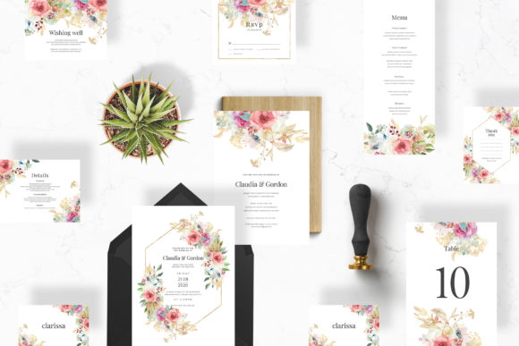 Watercolor Flowers Wedding Suite and Print Templates