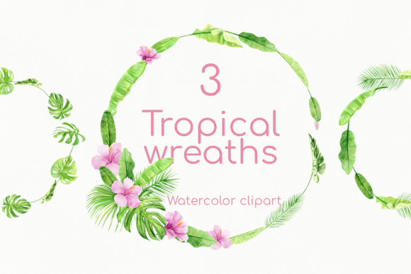 Watercolor Tropical Summer Floral Wreath and Decorative Elements