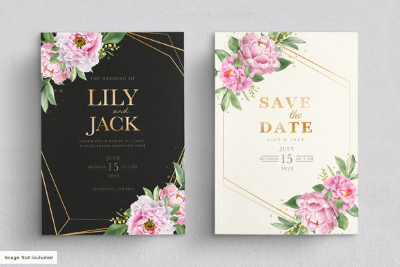 Wedding Card Set with Peonies Floral and Print Templates